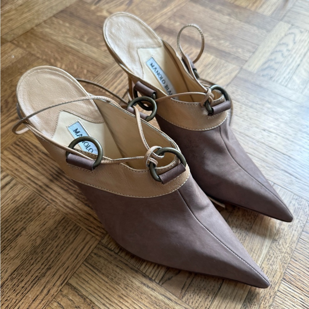 Manolo Blahnik Tan and Brown Lace-Up Heels